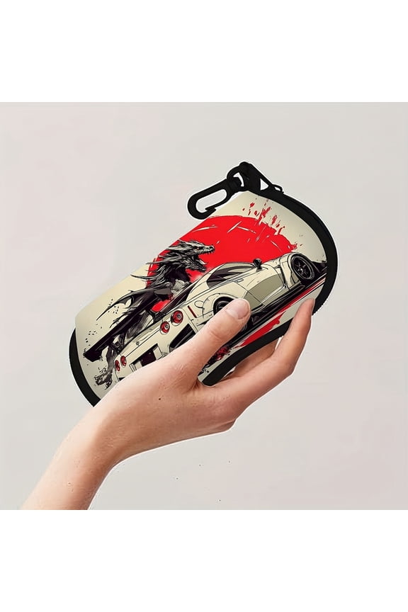 Men's Modern Sports Cars vs Dragons Battle Design Eyeglass Case with Zipper Closure & Keychain - Ultra-Lightweight Portable Travel Case for Eyewear/Reading Glasses, Machine Washable, Wallet Accessory