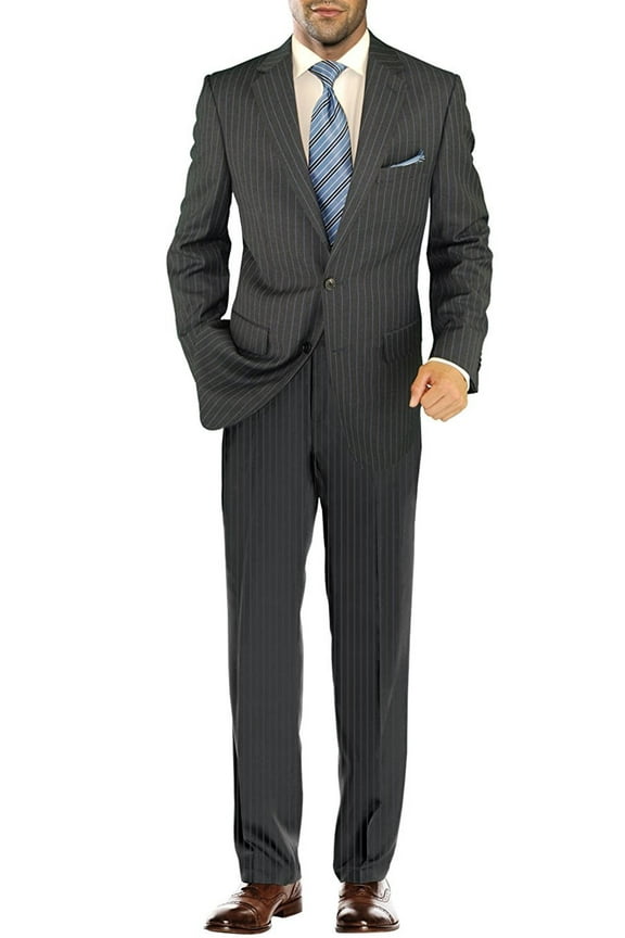Men's Modern Two Button Jacket Flat Front Pants Striped Suit