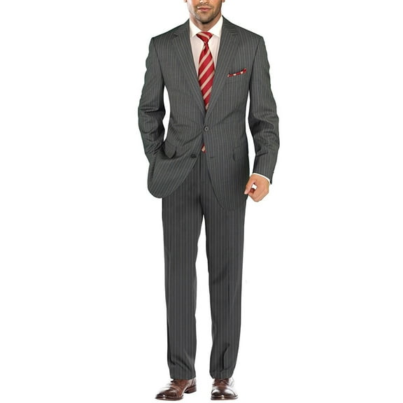 Men's Modern Two Button Jacket Flat Front Pants Striped Suit