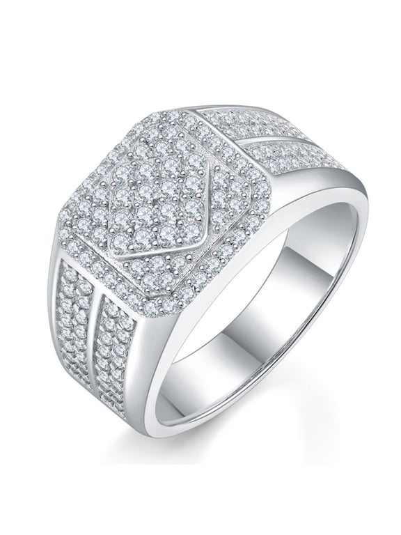 Men's Moissanite Huge Hip Hop Ring 925 Sterling Silver Diamond Pave Rings D/ E Color VVS1 Clarity Moissanite Pinky Rings for Mens(Size:5-10 - Large)