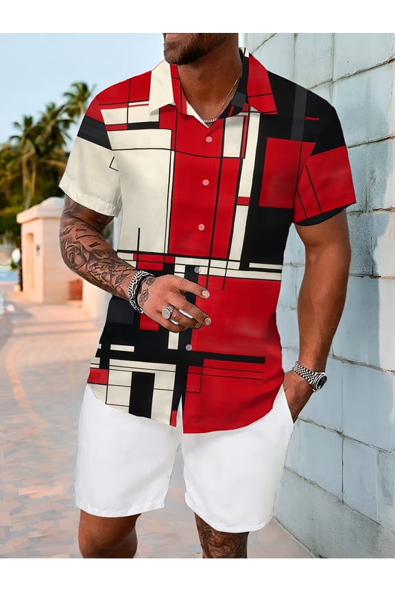 Men's Mondrian Style Geometric Shirt - Lightweight Button-Down Summer Shirt, Bold Modern Patterns in Red, Black & White - Non-Stretch Fabric for Casual & Urban Wear - Machine Washable, Regular Fit, V