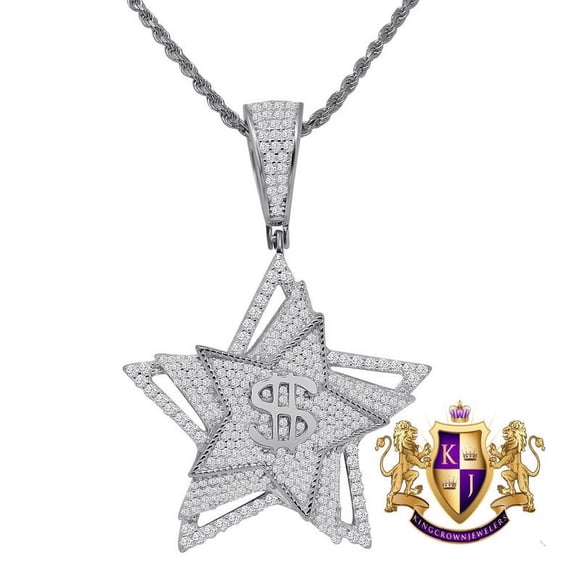Men's Money Dollar Sign Lucky Star Custom Pendent Real Sterling Silver Charm Chain Set