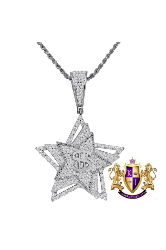 Men's Money Dollar Sign Lucky Star Custom Pendent Real Sterling Silver Charm Chain Set