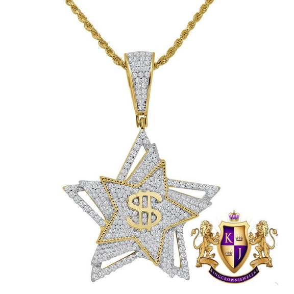 Men's Money Dollar Sign Lucky Star Custom Pendent Real Sterling Silver Charm Chain Set