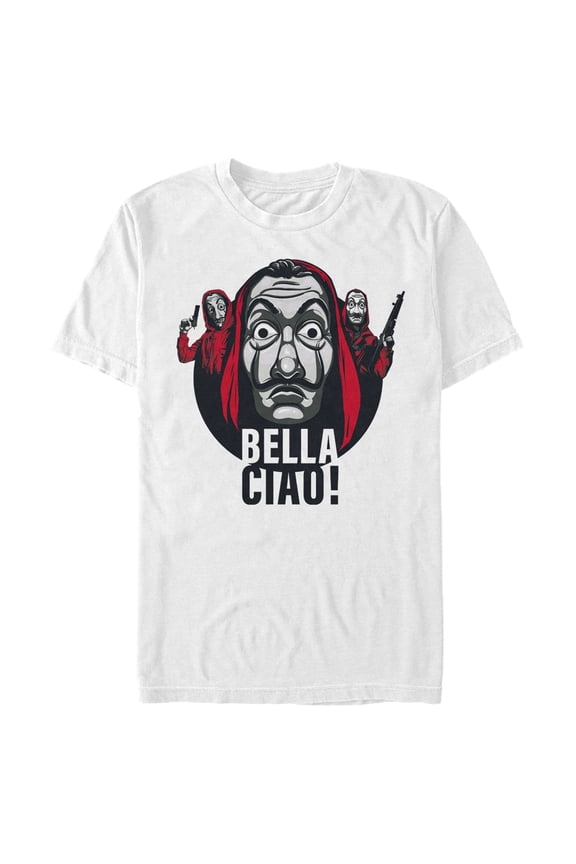Men's Money Heist Bella Ciao Masked Robbers  Graphic Tee White Medium