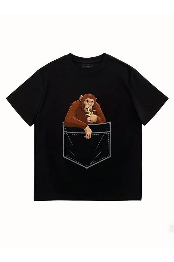 Men's Monkey Graphic T-Shirt - 100% Cotton Heavyweight 180gsm Streetwear Tee with Playful Primate Pocket Design