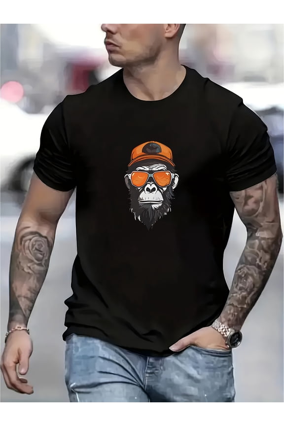Men's Monkey Print Short Sleeve T-Shirt - Summer Round Neck Casual Tee Suitable for Hot Weather, Comfortable Casual Attire & Monkey-Themed Outfits - Machine Washable