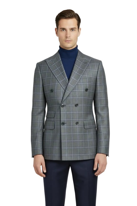 Men's Mono Double Breasted Blazer Super 180s Wool 1523-01 Gray Blue Plaid