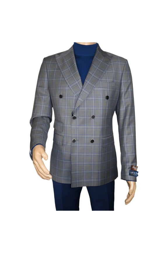 Men's Mono Double Breasted Blazer Super 180s Wool 1523-01 Gray Blue Plaid