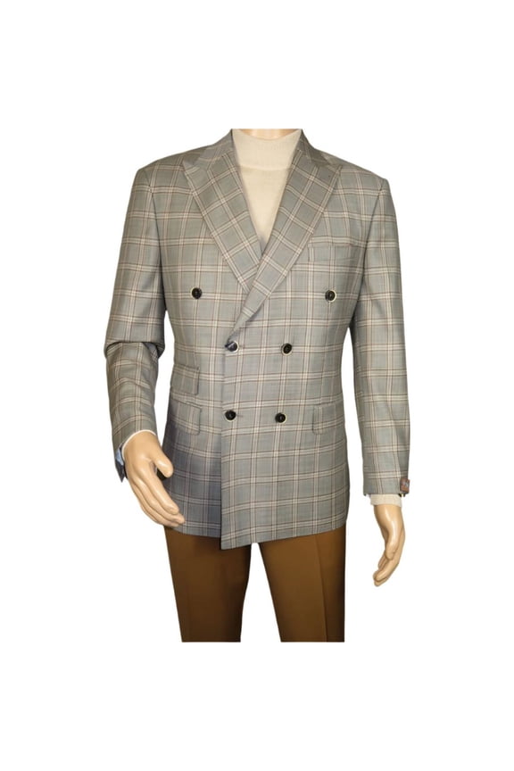 Men's Mono Double Breasted Blazer Super 180s Wool 1523-04 Gray Brown Plaid