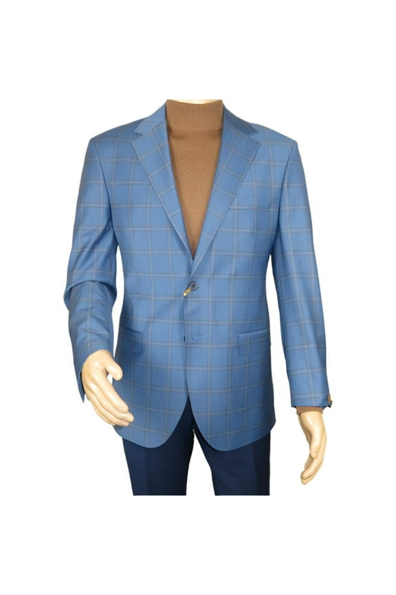 Men's Mono Turkey Sport Coat 100% Super 180s Wool 1480-01 Blue Plaid