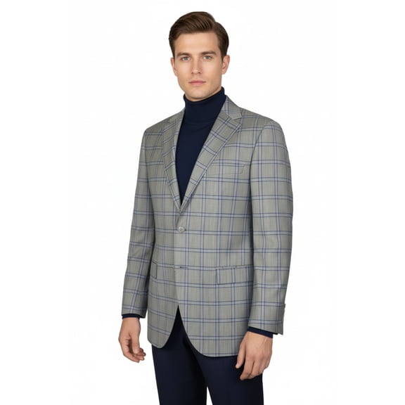 Men's Mono Turkey Sport Coat 100% Super 180s Wool 1480-03 Gray Blue Plaid