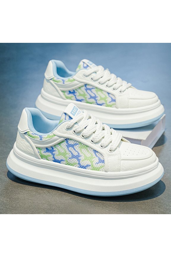 Men's Monogram Mesh Panel Platform Sneakers Breathable Non Slip Thick Sole Lace Up Fashion Walking Shoes