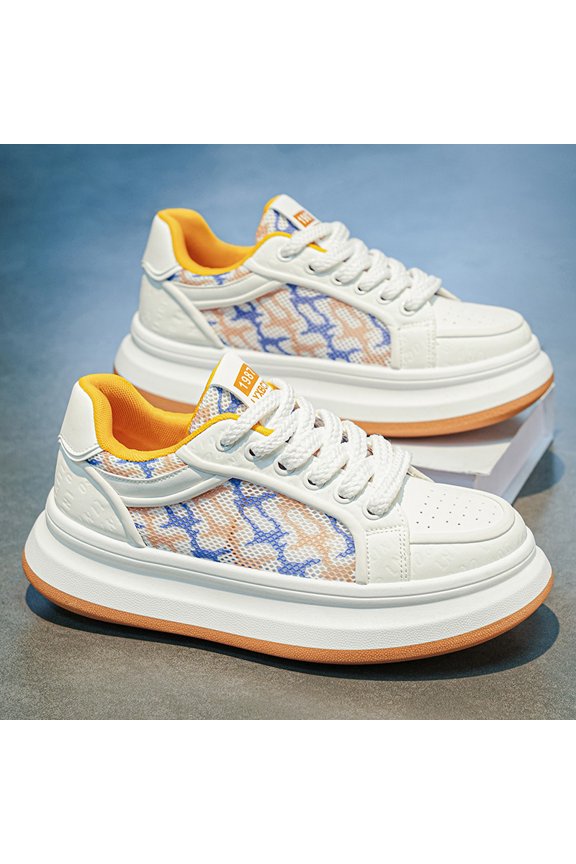 Men's Monogram Mesh Panel Platform Sneakers Breathable Non Slip Thick Sole Lace Up Fashion Walking Shoes