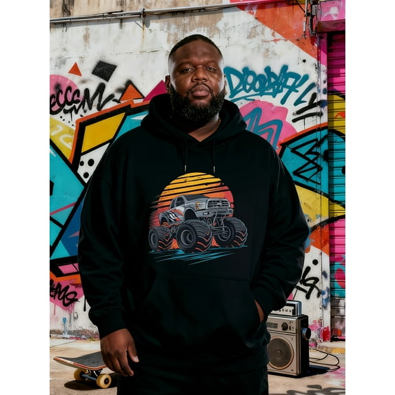 Men's Monster Truck Graphic Hooded Sweatshirt - Orange Monster Truck Print Loose Fit Hoodie with Kangaroo Pocket, Plus Size Casual Streetwear for Truck Themed Gifts