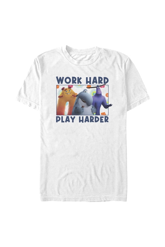 Men's Monsters at Work Work Hard Play Harder Graphic Tee White Large