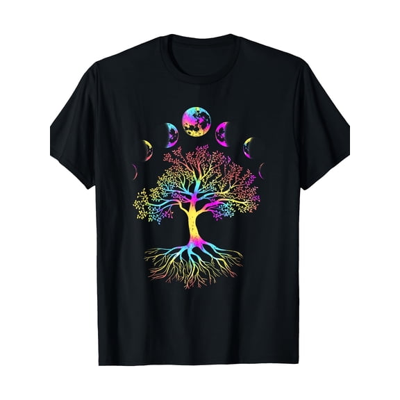 Men's Moon Phase Tree of Life Pattern T-Shirt, Black Short Sleeve Round Neck, Featuring Vibrant Moon Cycle Design, Casual Comfortable for Leisure Wear