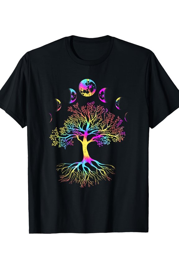Men's Moon Phase Tree of Life Pattern T-Shirt, Black Short Sleeve Round Neck, Featuring Vibrant Moon Cycle Design, Casual Comfortable for Leisure Wear