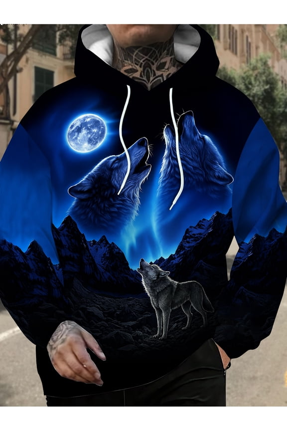 Men's Moonlight Wolf Howl 3D Printed Hoodie Blue Series Mountain Aurora Pattern Trendy Outdoor Style Loose Hoodie, Men's Long Sleeve Sweatshirt, Sports Sweatshirt