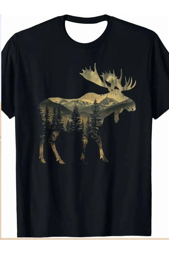 Men's Moose Mountain Forest Graphic T-Shirt Nature Wildlife Outdoor Tee