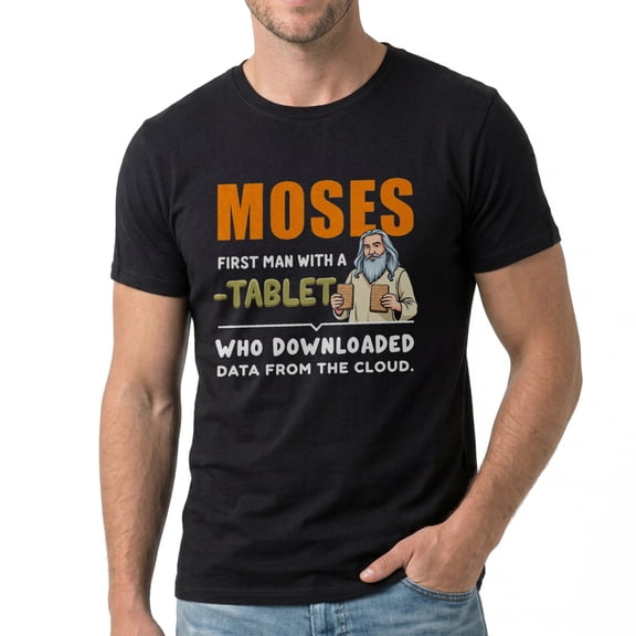 Men's Moses First Man With Tablet Who Downloaded Data From Cloud Graphic T-Shirt, Premium Cotton Short Sleeve Crew Neck Tee