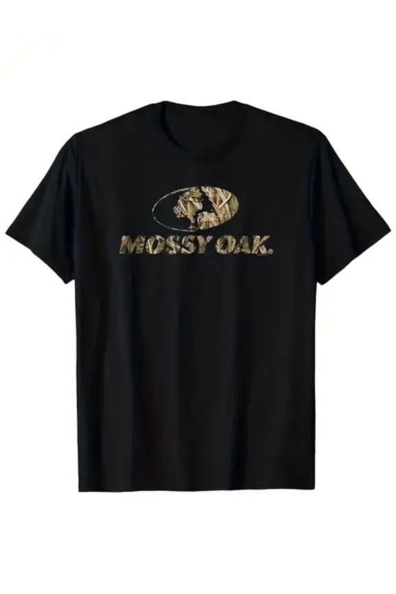 Men's Mossy Oak Camouflage Logo Print Black T-Shirt, Outdoor Style Distressed Logo Pattern Round Neck Short Sleeve Top