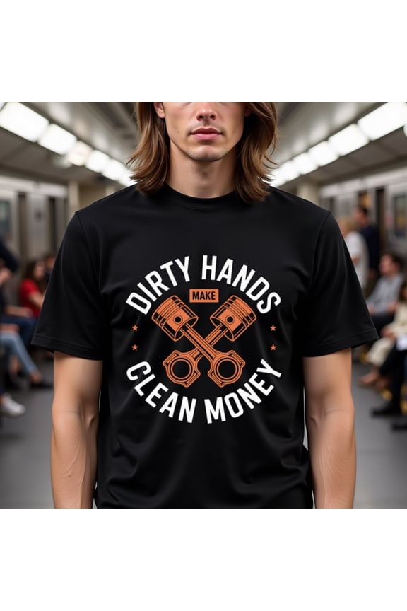 Men's Motivational Work T-Shirt - Dirty Hands Make Clean Money Graphic Tee in Black/Orange/White - Heavyweight 180gsm Cotton Crew Neck Shirt for Construction, Trades, Entrepreneurs - Ideal Gift fo