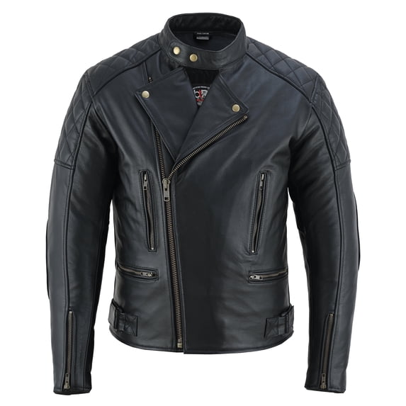 Men's Motorbike Leather Jacket Distress Zip Up Motorcycle Protection Jackets All Black-50