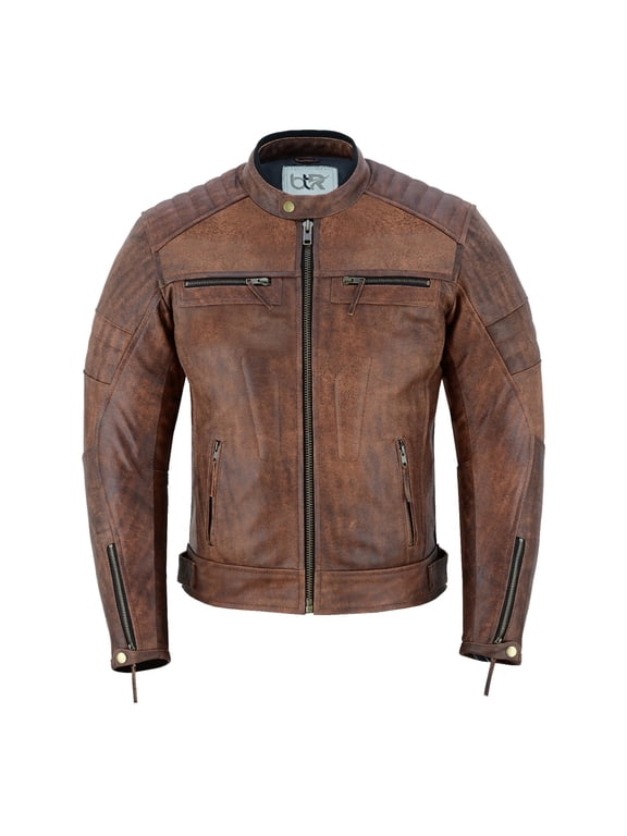 Men's Motorbike Leather Jacket Distress Zip Up Motorcycle Protection Jackets Antique Brown-40