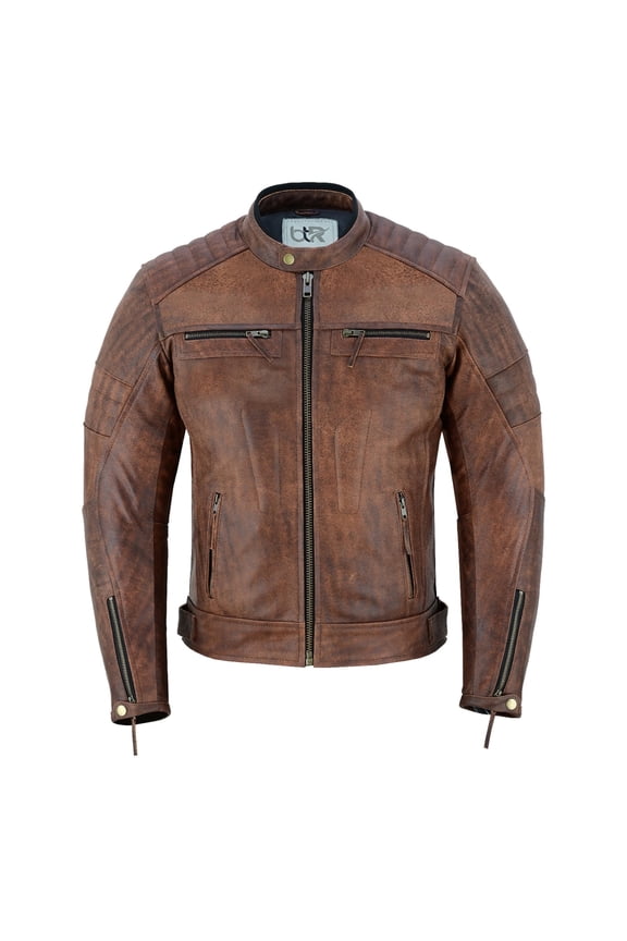 Men's Motorbike Leather Jacket Distress Zip Up Motorcycle Protection Jackets Antique Brown-42