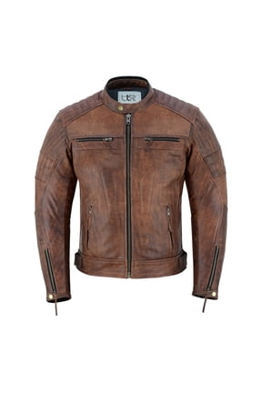 Men's Motorbike Leather Jacket Distress Zip Up Motorcycle Protection Jackets Antique Brown-XL