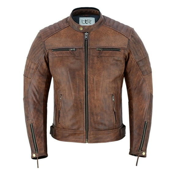 Men's Motorbike Leather Jacket Distress Zip Up Motorcycle Protection Jackets Antique Brown-3XL