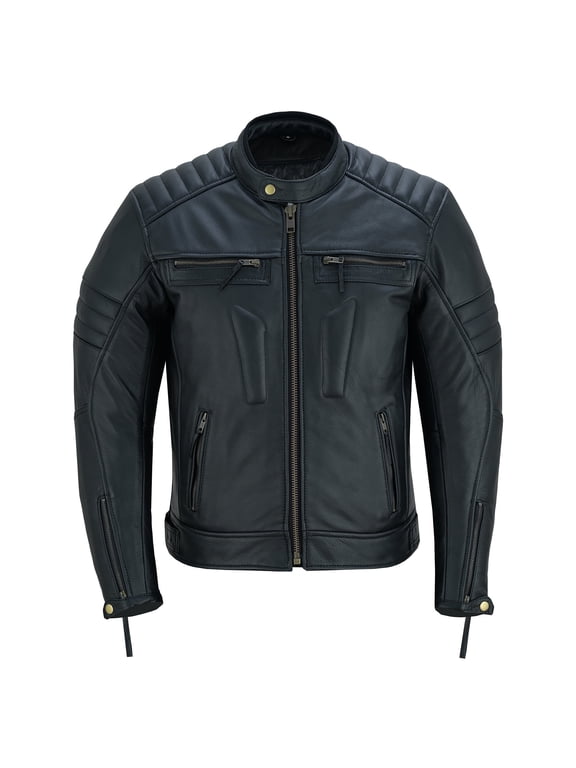 Men's Motorbike Leather Jacket Distress Zip Up Motorcycle Protection Jackets Natural Black
