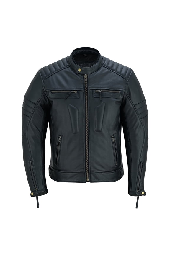 Men's Motorbike Leather Jacket Distress Zip Up Motorcycle Protection Jackets Natural Black