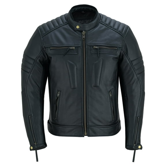 Men's Motorbike Leather Jacket Distress Zip Up Motorcycle Protection Jackets Natural Black-44