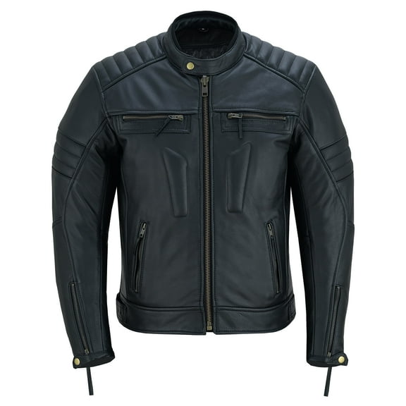 Men's Motorbike Leather Jacket Distress Zip Up Motorcycle Protection Jackets Natural Black-50