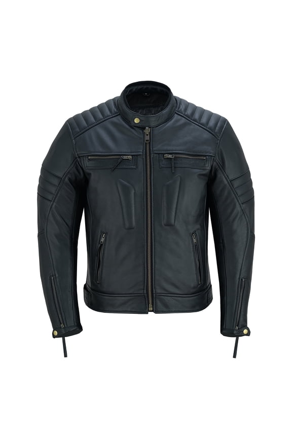 Men's Motorbike Leather Jacket Distress Zip Up Motorcycle Protection Jackets Natural Black-50
