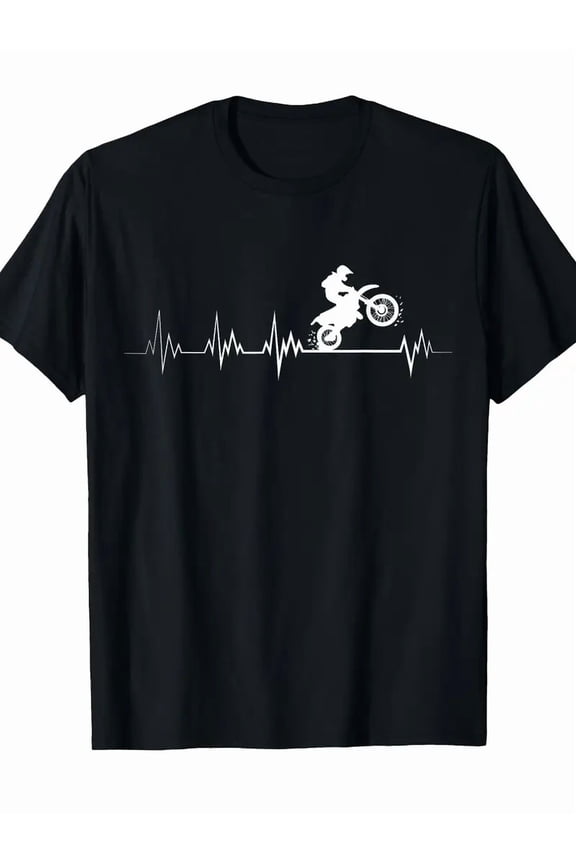 Men's Motorcross Motorcycle Heartbeat Dirtbike Graphic T-Shirt - Heather Gray with White Dirt Bike Rider & Heartbeat Line Design, Casual Round Neck Tee for Motorcycle