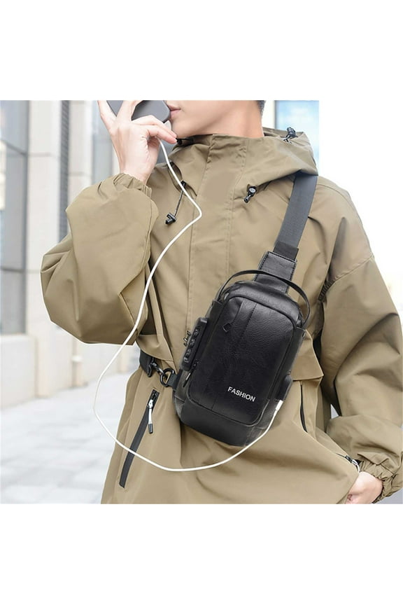 Men's Motorcycle Backpack Lightweight Theft-Proof Chest Bag with USB Charging Port & Password Lock Multifunctional Crossbody Shoulder Bag 14x8x24cm