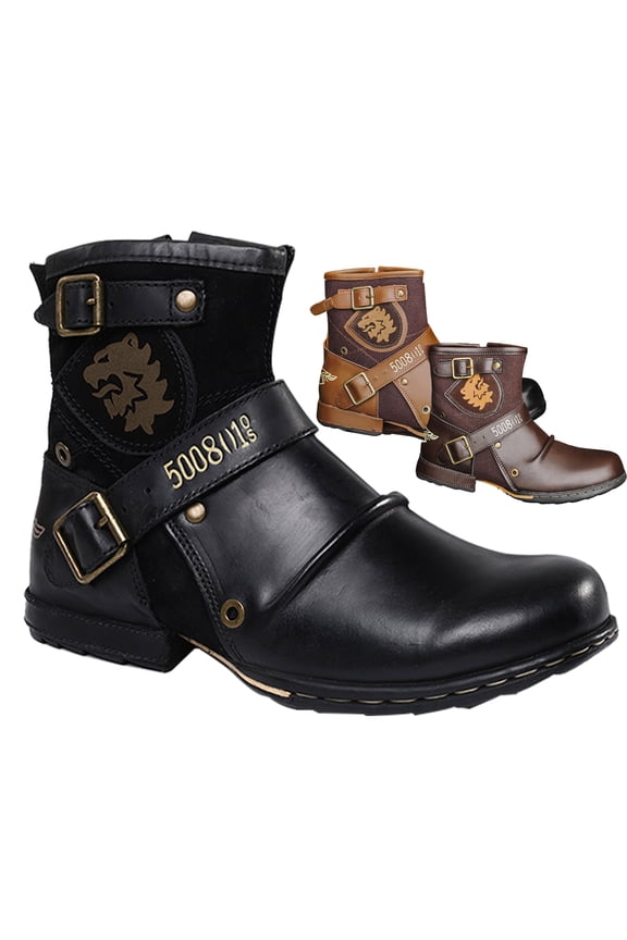 Men's Motorcycle Boots - Ankle Biker Boots with Zipper, Waterproof Leather Riding Boots, Casual Non-Slip Work Boots | Botas Moto Hombre Impermeables de Cuero con Cremallera