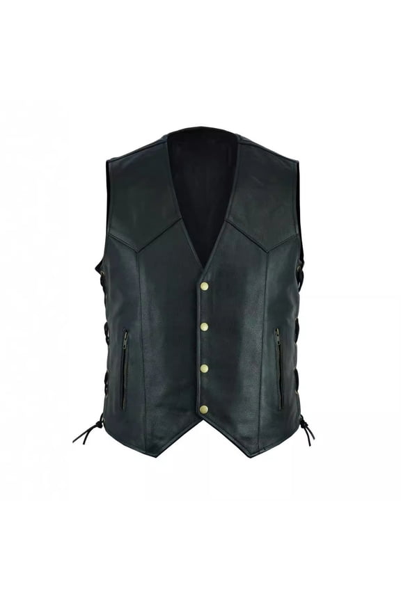 Men's Motorcycle Faux Leather Vest with Zipper Pockets and Snap Button V-Neck PU Riding Club Sleeveless Jackets Big and Tall Sizes S-3XL Black