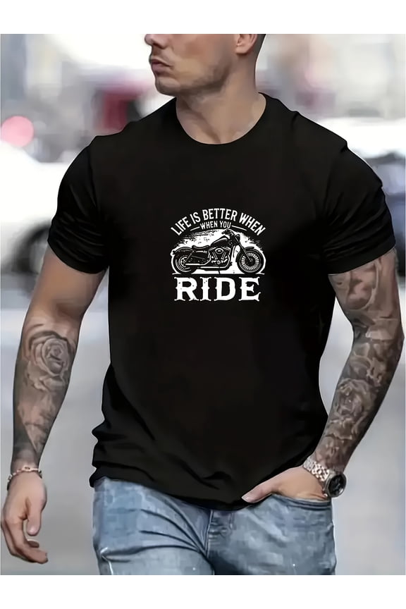 Men's Motorcycle Graphic T-Shirt with Biker Slogan & Motorcycle Rider Design - Breathable Summer Casual Round Neck Short Sleeve Tee for Motorcycle Enthusiasts - RIDE Life's Better on Two Wheels Print