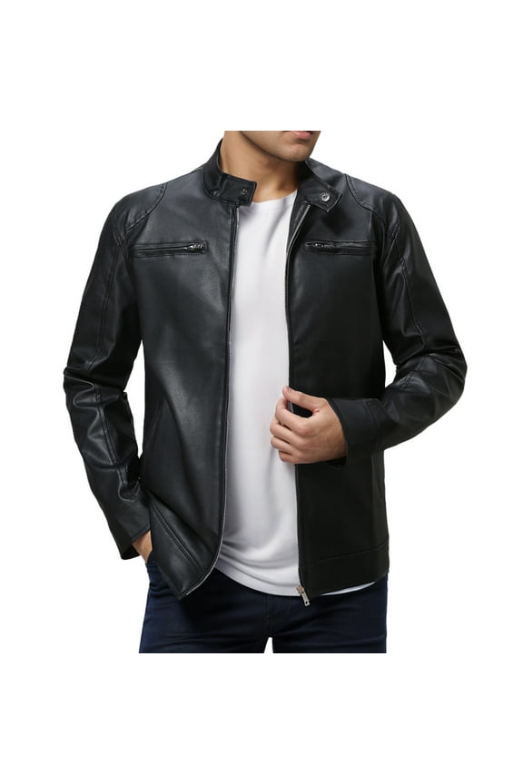Men's Motorcycle Jacket Leather Coat Windproof Riding Outerwear Stylish Round Neck Design with Double Pockets