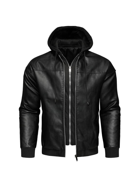 Men's Motorcycle Jacket Youth Casual Hooded PU Leather Jacket