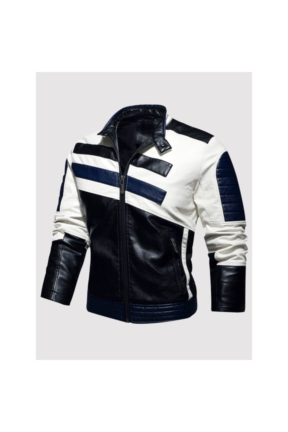 Men's Motorcycle Leather Jacket Spring & Fall New Style Stand Collar Coat Winter Warm Riding Gear Trendy Outerwear