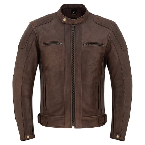 Men's Motorcycle Motorbike Cowhide Leather Jacket Distress Zip Up CE Approved Protection Jacket Antique Brown-L