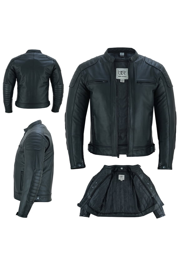 Men's Motorcycle Motorbike Cowhide Leather Jacket Distress Zip Up CE Approved Protection Jacket Black-38