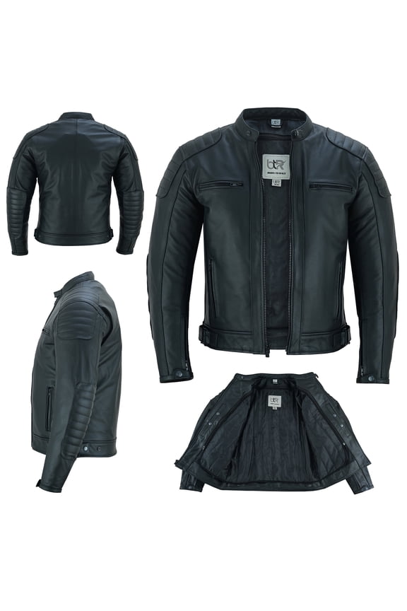Men's Motorcycle Motorbike Cowhide Leather Jacket Distress Zip Up CE Approved Protection Jacket Black-2XL