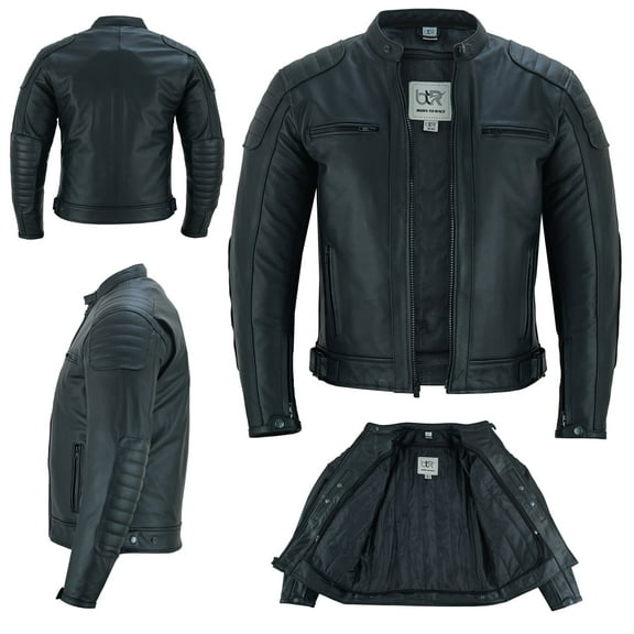 Men's Motorcycle Motorbike Cowhide Leather Jacket Distress Zip Up CE Approved Protection Jacket Black-6XL