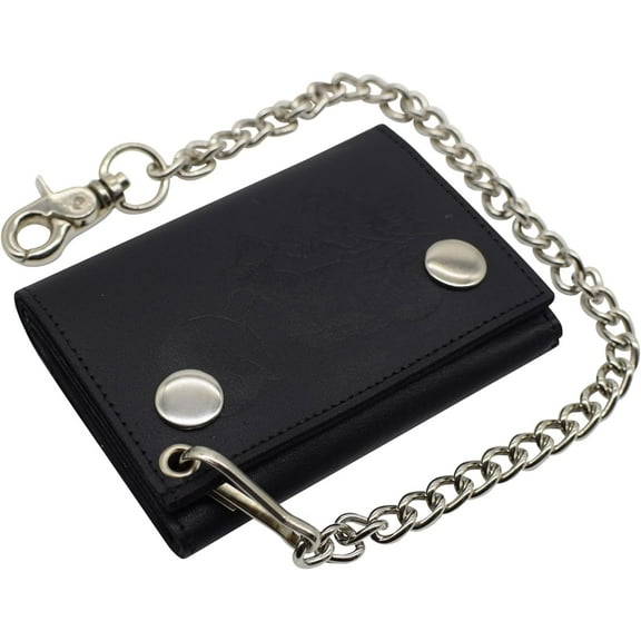 Men's Motorcycle RFID Blocking Trifold Biker Genuine Leather Steel Chain Wallet Snap closure Motorcycle Blind